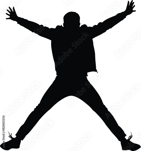 Energetic silhouette of a person jumping high with arms and legs spread out, representing achievement, happiness, and freedom, isolated on white background