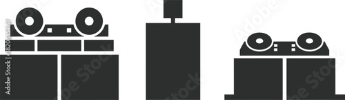 Minimalist abstract dark grey icons of simplified technology devices, including a tape player and control unit, isolated on white background