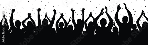 Vibrant silhouette of a cheering crowd with raised hands, celebrating an event with excitement and joy, isolated on white background
