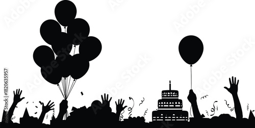 Celebration party silhouette with hands reaching up, balloons, and a birthday cake, isolated on white background
