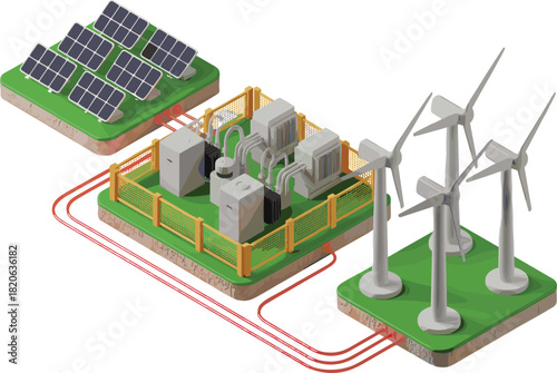Isometric 3D Technical Illustration of Solar Panels, Wind Turbines, Energy Storage System, and Power Distribution Grid for Renewable Energy