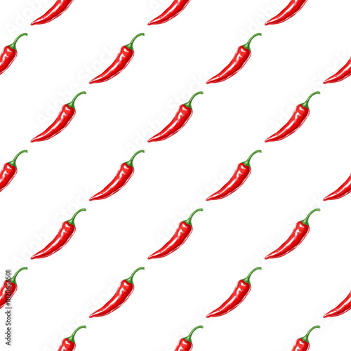 Seamless Watercolor Red Chili Pepper Pattern. Hand Drawn Texture on White Background. Repeatable Spicy Ingredient Design for Fabric, Food Blog, or Menu.