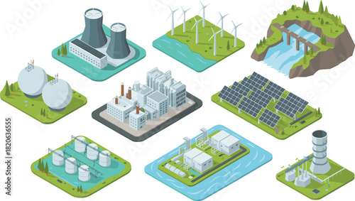 Isometric illustration showing various global energy power plants including nuclear, wind, solar, hydro, gas and industrial electricity production facilities