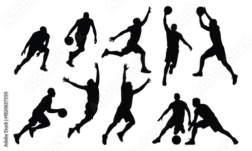 Set of Basketball Player Silhouettes, Various Basketball Action Poses, Collection of Black Sports Figures, Basketball Players Dribbling, Jumping, and Shooting Silhouettes