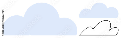 Three cloud shapes varying in size, two filled in blue and one outlined in black. Ideal for environment, imagination, weather, branding, clean design, nature innovation. Simple flat metaphor