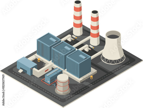 Isometric industrial power plant illustration, modern energy facility, cooling towers and chimneys, electricity production infrastructure, clean energy concept, factory complex design
