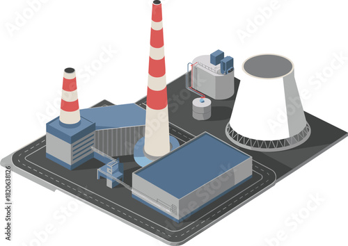 Isometric industrial power plant illustration, modern energy facility, cooling towers and chimneys, electricity production infrastructure, clean energy concept, factory complex design