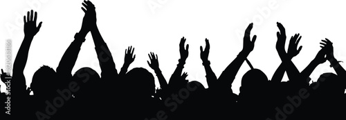 Silhouettes of an excited crowd with hands raised in celebration and applause, creating a vibrant atmosphere of joy and energy, isolated on white background
