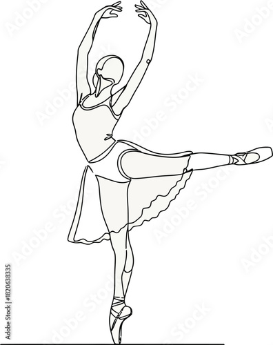 Elegant continuous line drawing of a graceful ballerina performing a classic ballet pose, showcasing movement and artistry, isolated on white background