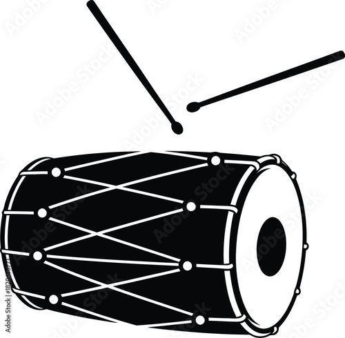 Black and white illustration of a traditional indian dholak drum, a popular percussion instrument, accompanied by two drumsticks, isolated on white background