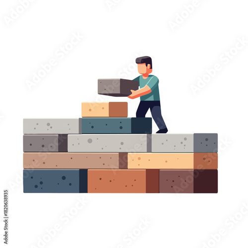 Man constructing brick wall representing hard work and determination