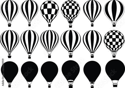 Hot Air Balloon Black and White Vector Set, Various Styles and Silhouettes, Checked and Striped Patterns, Travel Adventure and Transportation Icon, Isolated Graphic Collection, for Design Elements 