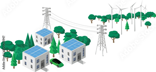 Isometric renewable energy village, solar powered homes, wind turbines, electric car and power grid connection, sustainable eco community clean energy illustration