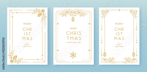 Set of modern Christmas frames or holiday greeting cards on white background. Line art vector illustration