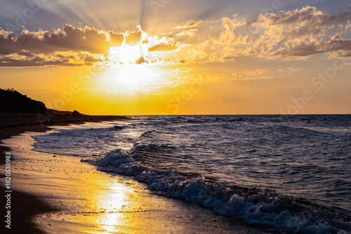 Fototapeta Naklejka Na Ścianę i Meble -  Golden Hours in the Istanbul Black Sea Beach, Sunset Reflections Time in the Şile Beach Photo, Sile Istanbul, Türkiye (Turkey)