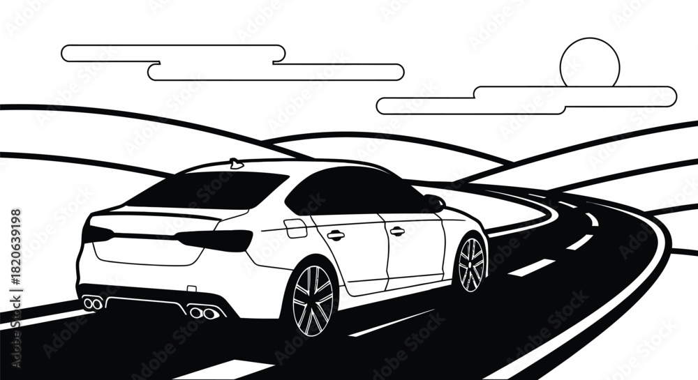 Obraz premium Sleek modern car driving on a winding road through rolling hills under a sunny sky