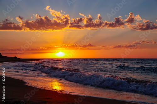 Fototapeta Naklejka Na Ścianę i Meble -  Golden Hours in the Istanbul Black Sea Beach, Sunset Reflections Time in the Şile Beach Photo, Sile Istanbul, Türkiye (Turkey)