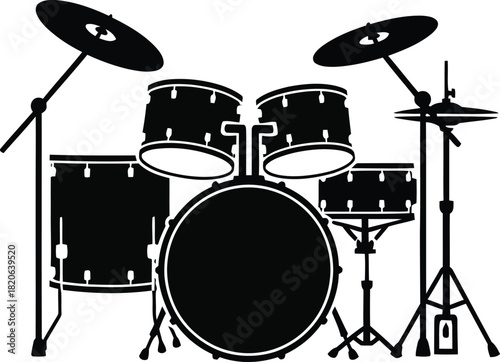 A graphic black silhouette of a drum set, including cymbals, bass drum, snare, and tomtoms, for music, rhythm, and sound, isolated on white background