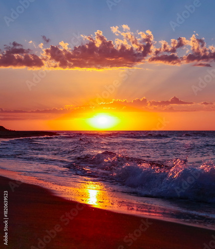 Fototapeta Naklejka Na Ścianę i Meble -  Golden Hours in the Istanbul Black Sea Beach, Sunset Reflections Time in the Şile Beach Photo, Sile Istanbul, Türkiye (Turkey)