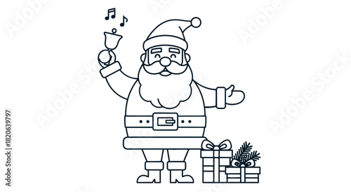 Cheerful Santa Claus ringing a bell with presents nearby, a festive holiday illustration