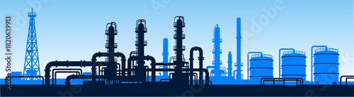 Industrial refinery silhouette on blue gradient background