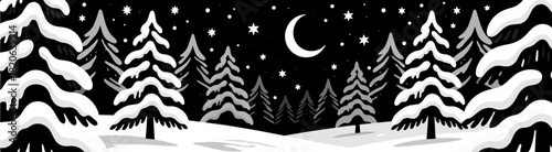 Serene winter forest scene with snow and stars