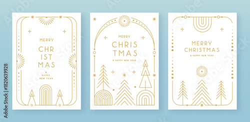 Set of modern Christmas frames or holiday greeting cards on white background. Line art vector illustration