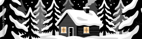 Cozy winter house with snowy pines on black and white