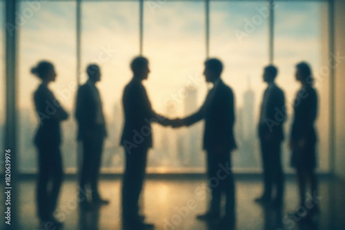 Abstract Blurry Business Handshake Deal with Silhouette People and Skyscraper
