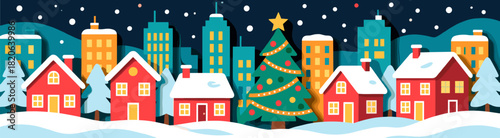 Winter city with Christmas tree in paper cut style