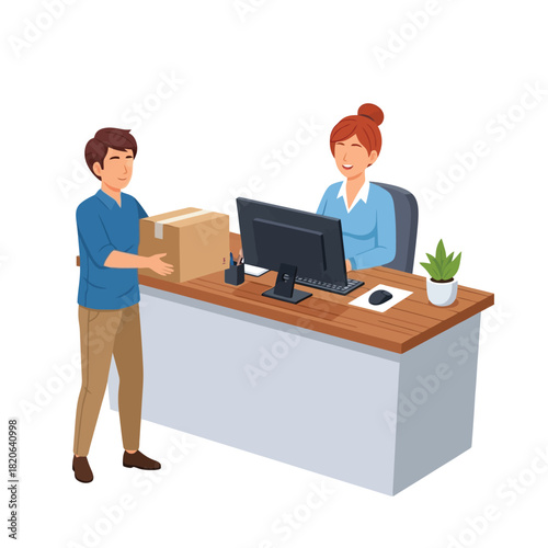 Smiling man delivers package to happy woman at office reception desk