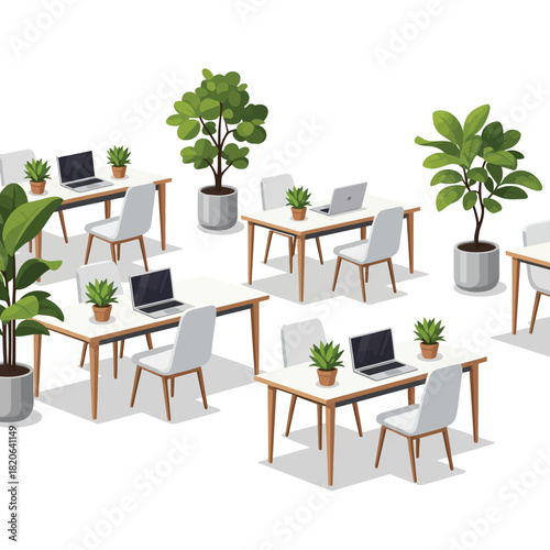 Modern office desks with laptops and plants create a productive workspace