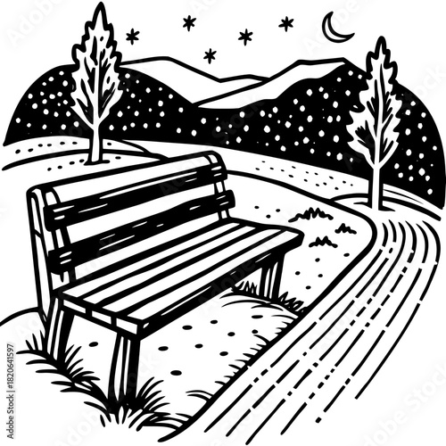 A serene park bench under the night sky illustration.