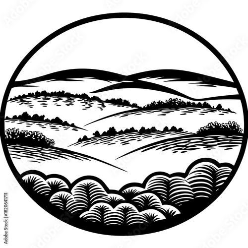 Monochrome Landscape Illustration with Rolling Hills and Dense Bushes.