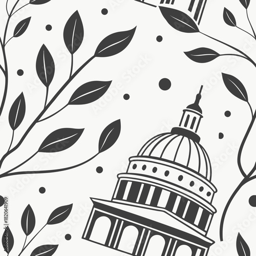 Capitol Building and Foliage Illustration in Black and White.