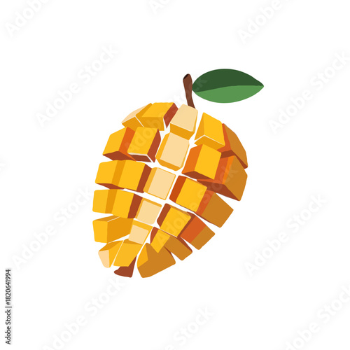 A ripe yellow mango fruit artfully cut into cubes and presented with a green leaf isolated on white background
