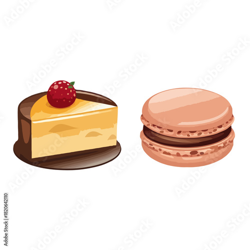 A delicious slice of cheesecake topped with a bright red cherry and a delicate pink macaron cookie isolated on white background
