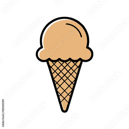 A simple cartoon illustration of a single scoop of creamy vanilla ice cream in a crisp waffle cone isolated on white background