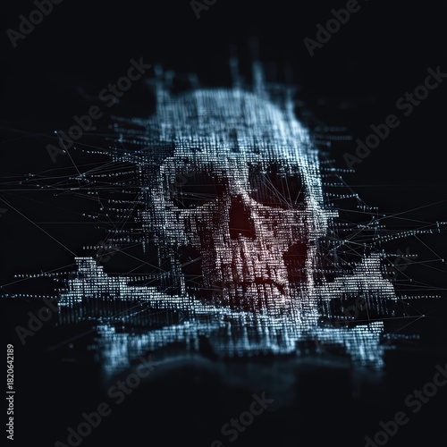 Una calavera digitalizada emerge de la oscuridad, representando la pérdida de memoria y la desintegración de la identidad.