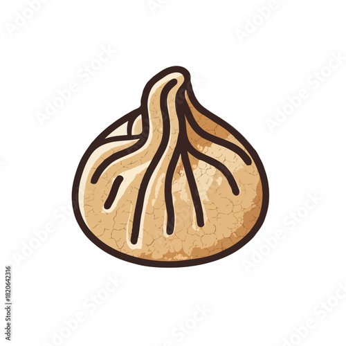 Hand drawn illustration of a single delicious dumpling with a pleated top representing asian cuisine isolated on white background