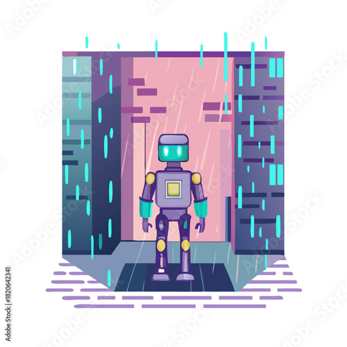 Robot Standing in the Rain A Lonely Figure in a Cyberpunk Cityscape.