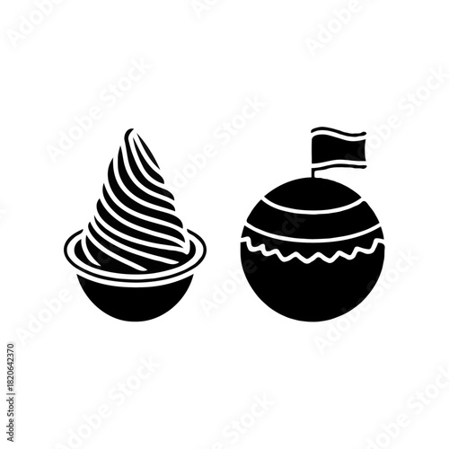 Two stylized black silhouette icons representing a soft serve ice cream cone and a planet with a flag isolated on white background
