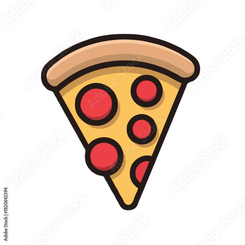 A delicious cartoon slice of pepperoni pizza with melted cheese and a golden crust isolated on white background