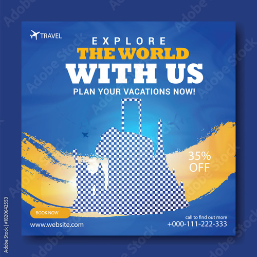Explore the world with us plan your vacation now travel advertisement with iconic landmarks and discount offer
