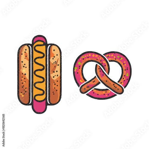 A delicious cartoon hot dog with mustard and a large soft pretzel with salt isolated on white background