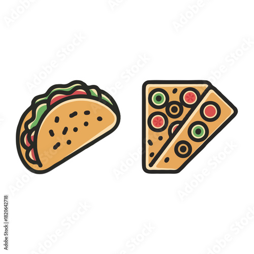 Colorful cartoon illustration of a delicious taco and a slice of pizza with toppings isolated on white background