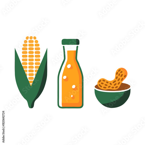 A colorful illustration of a fresh ear of corn a glass bottle filled with orange liquid and a bowl of peanuts all isolated on white background