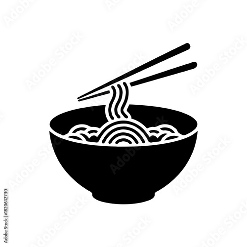 Black silhouette of a steaming bowl of ramen noodles being lifted by chopsticks representing asian cuisine isolated on white background