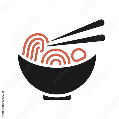 Stylized illustration of a black bowl filled with ramen noodles and chopsticks resting on top isolated on white background