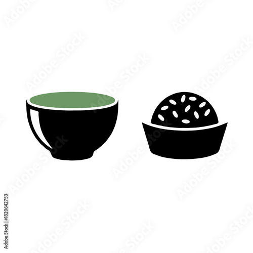 Simple black silhouette of a green tea cup next to a bowl of rice grains isolated on white background